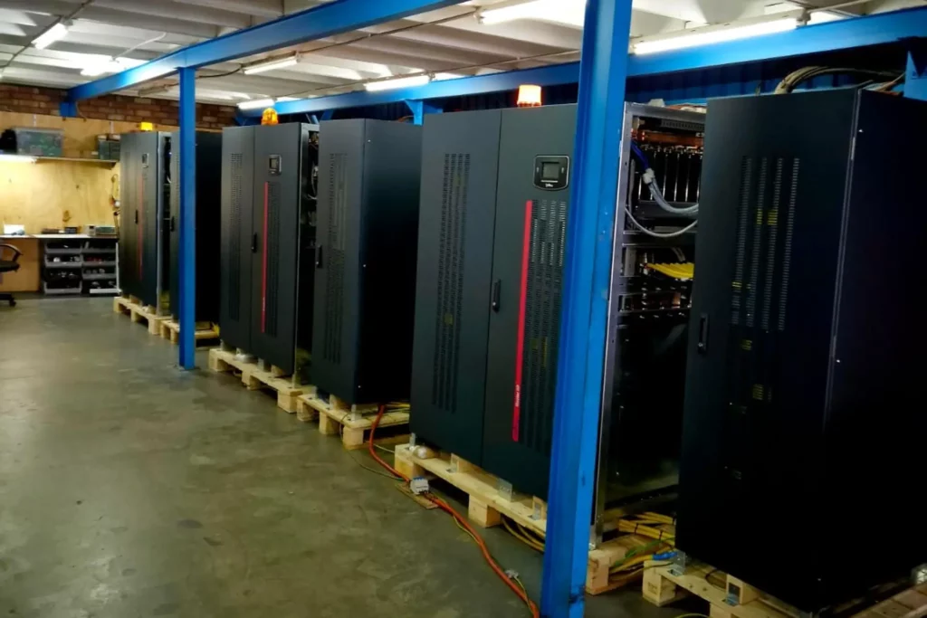 Riello UPS systems undergoing factory acceptance testing at Standby Systems before Gauteng data centre installation