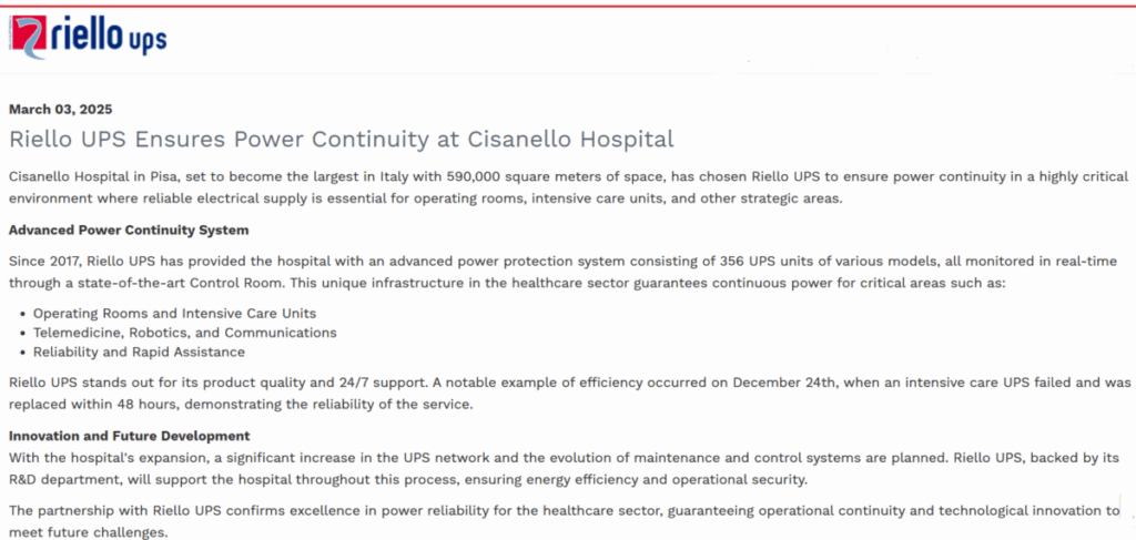 Riello UPS systems ensuring power continuity at Cisanello Hospital, supporting operating rooms, intensive care units, and telemedicine.