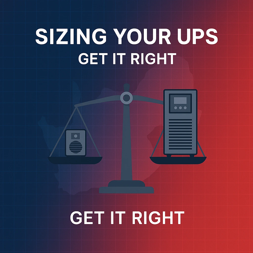 Digital illustration of a balance scale comparing small and large UPS units, symbolising correct UPS sizing, with Standby Systems and Riello UPS brand colours for the “Sizing Up UPS for Dummies” blog in South Africa