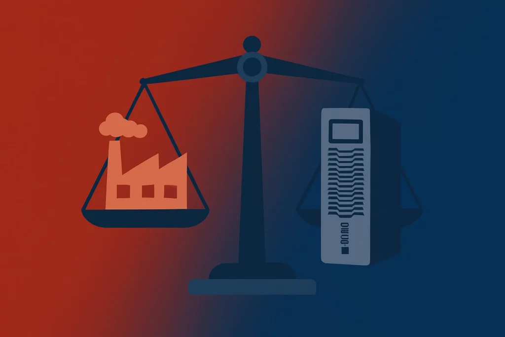 Illustration of a scale balancing a UPS unit and a factory building, symbolising the importance of correctly sizing a UPS system for industrial and commercial applications in South Africa.