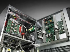 Internal components of a Riello three-phase low-frequency UPS system showing advanced inverter, rectifier, and filtration hardware used in Southern African hospitals to protect MRI, CT, and life-support equipment.