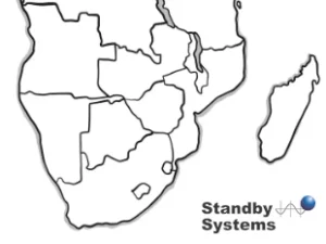 Map of Southern Africa with Standby Systems logo highlighting regions where three-phase Riello UPS systems support hospitals and medical facilities across South Africa, Namibia, Angola, Botswana, Zimbabwe, Mozambique, Lesotho, Eswatini, and Malawi.