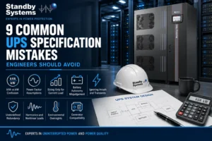 9 common UPS specification mistakes engineers should avoid, including kVA vs kW, power factor, battery autonomy, redundancy and generator compatibility.