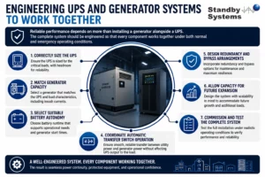 Infographic showing key considerations when engineering an online UPS and standby generator system
