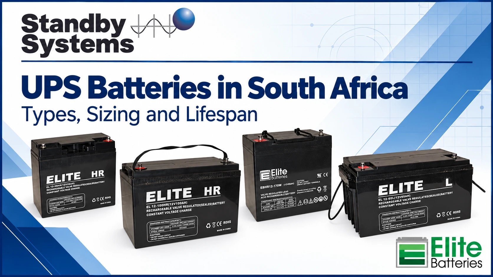 ELITE UPS batteries with Standby Systems branding and the heading “UPS Batteries in South Africa: Types, Sizing and Lifespan”.