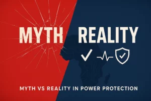 Red and blue split graphic with shattered glass effect, featuring “MYTH” and “REALITY” text, Africa outline, and power protection icons, symbolizing busting UPS system myths in South Africa with Riello UPS solutions from Standby Systems.