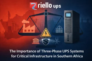 Three-phase UPS system protecting critical infrastructure including financial institutions, corporate IT, security systems, and telecommunications across Southern Africa, supplied by Standby Systems using Riello UPS technology.