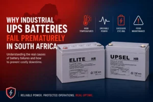 Elite and Upsel VRLA UPS batteries with graphics illustrating heat, unstable power, excessive cycling, and maintenance-related battery failures.
