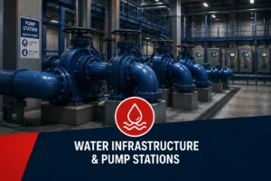 Industrial water pump station supported by UPS power protection.