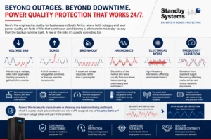 Infographic illustrating voltage sag, surge, brownout, harmonics, electrical noise, and frequency variation affecting critical electrical systems.