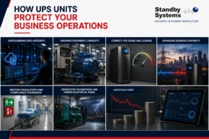 Collage illustrating how UPS systems protect data, equipment, business continuity, generator transitions, compliance, lifecycle cost, and long-term operational reliability.