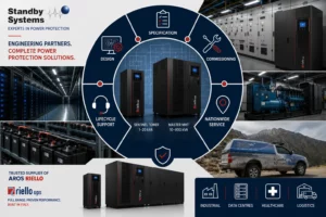 Engineering services collage showing Riello UPS systems, specification, design, commissioning, lifecycle support, nationwide service, and AROS Riello partnership.