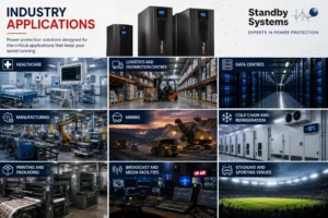 Industry applications collage featuring healthcare, logistics, data centres, manufacturing, mining, cold chain, printing, broadcasting, and sporting venues protected by UPS systems.