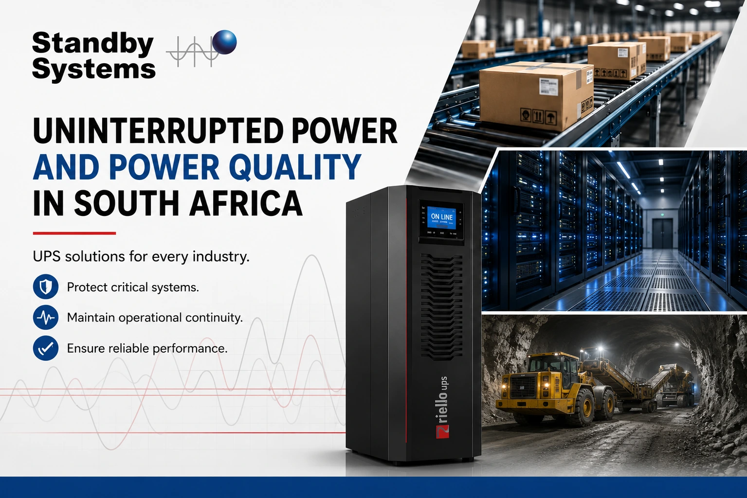 Riello UPS system with logistics, data centre, and mining environments representing uninterrupted power and power quality solutions across South African industries.