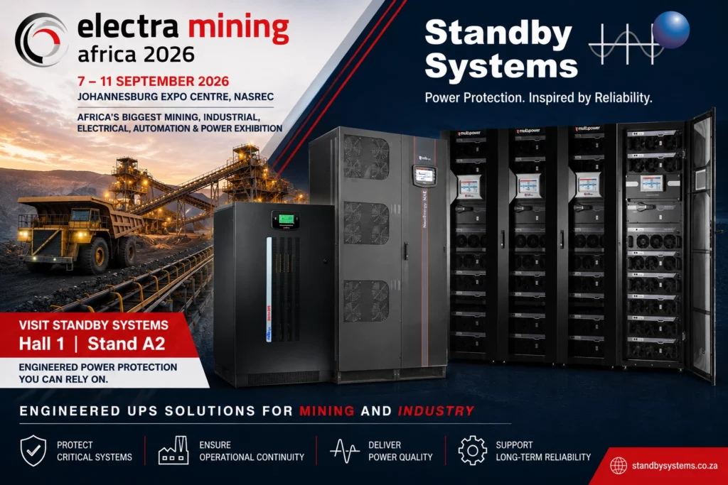 Standby Systems exhibiting at Electra Mining Africa 2026, showcasing industrial Riello UPS systems for mining and critical power applications.