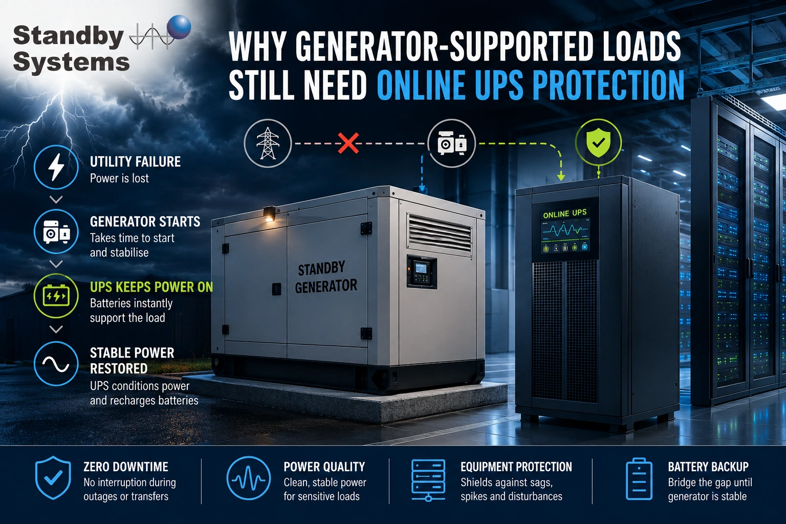 Online UPS system and standby generator protecting critical loads during a power failure