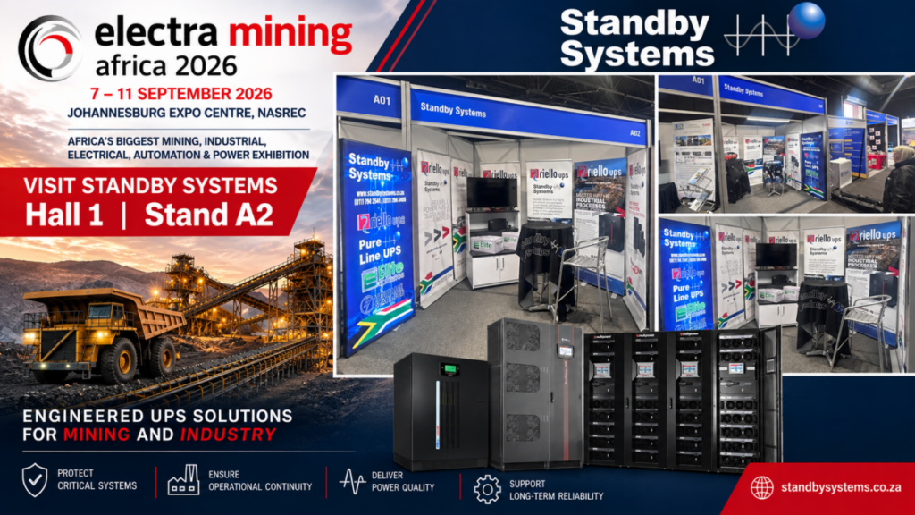 Standby Systems exhibition stand for Electra Mining Africa 2026, Hall 1 Stand A2, showcasing UPS power protection solutions for mining and industry.