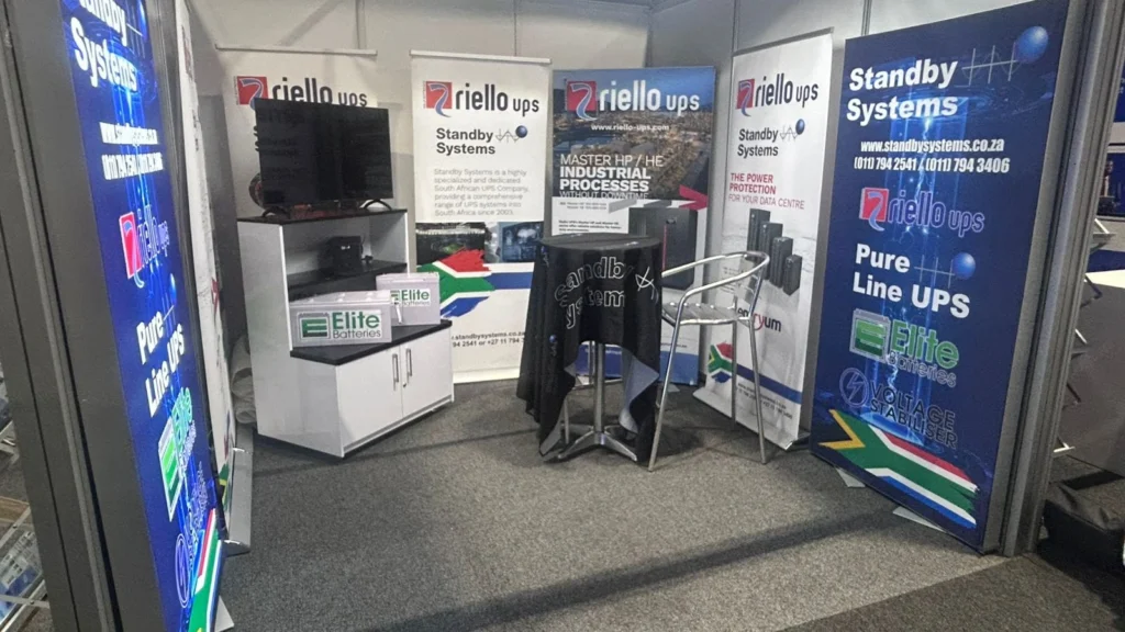 Standby Systems exhibition stand for Electra Mining Africa 2026, Hall 1 Stand A2, showcasing UPS power protection solutions for mining and industry.